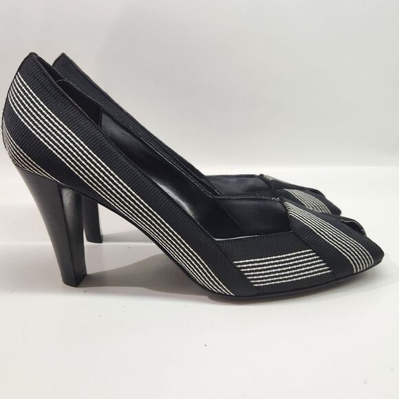 Woman's Nine West 3 1/2" Heel Peep Toe Size 8 1/2 M Black White Stripe - Picture 8 of 16